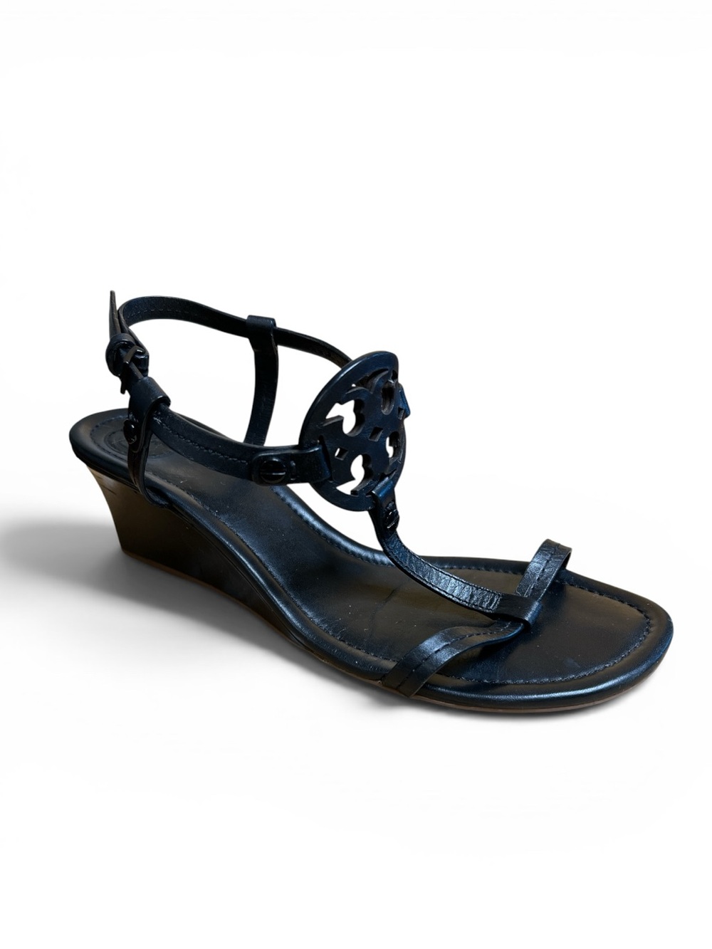 Tory Burch Black Leather Logo T-Strap Wedge Sandals - Picture 2 of 6
